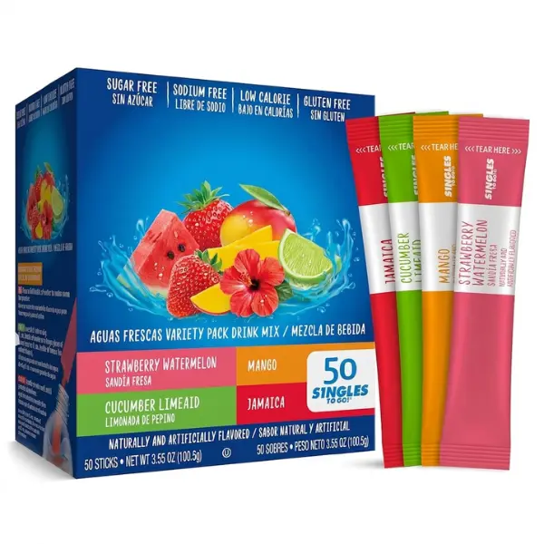 Aguas Frescas Singles To Go Variety Pack Powdered Drink Mix 50 Single Serve Drink Mix Packets Sugar-Free Water Flavoring Assorted Mexican Fruit Flavors On-the-Go Beverage Mix