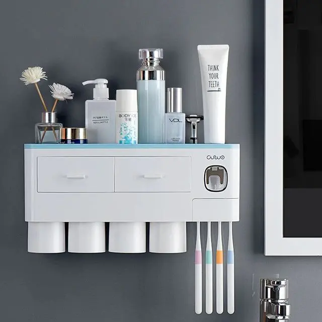 4 Cups Toothbrush Holder Wall Mounted, Toothbrush Organizer with Automatic Toothpaste Dispensers , Wall Mounted with Toothpaste Dispenser -,Large Capacity 4 Toothbrush Cups and 2 Drawers ,Bathroom Organizer & Bathroom Accessories Set