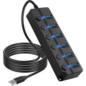 USB Hub, 7Port USB Hub Splitter with Individual On/Off LED Switches 6.6ft/2m Long , Multi Port Expander,  Data Transfer USB Splitter for Laptop, PC,Mobile HDD
