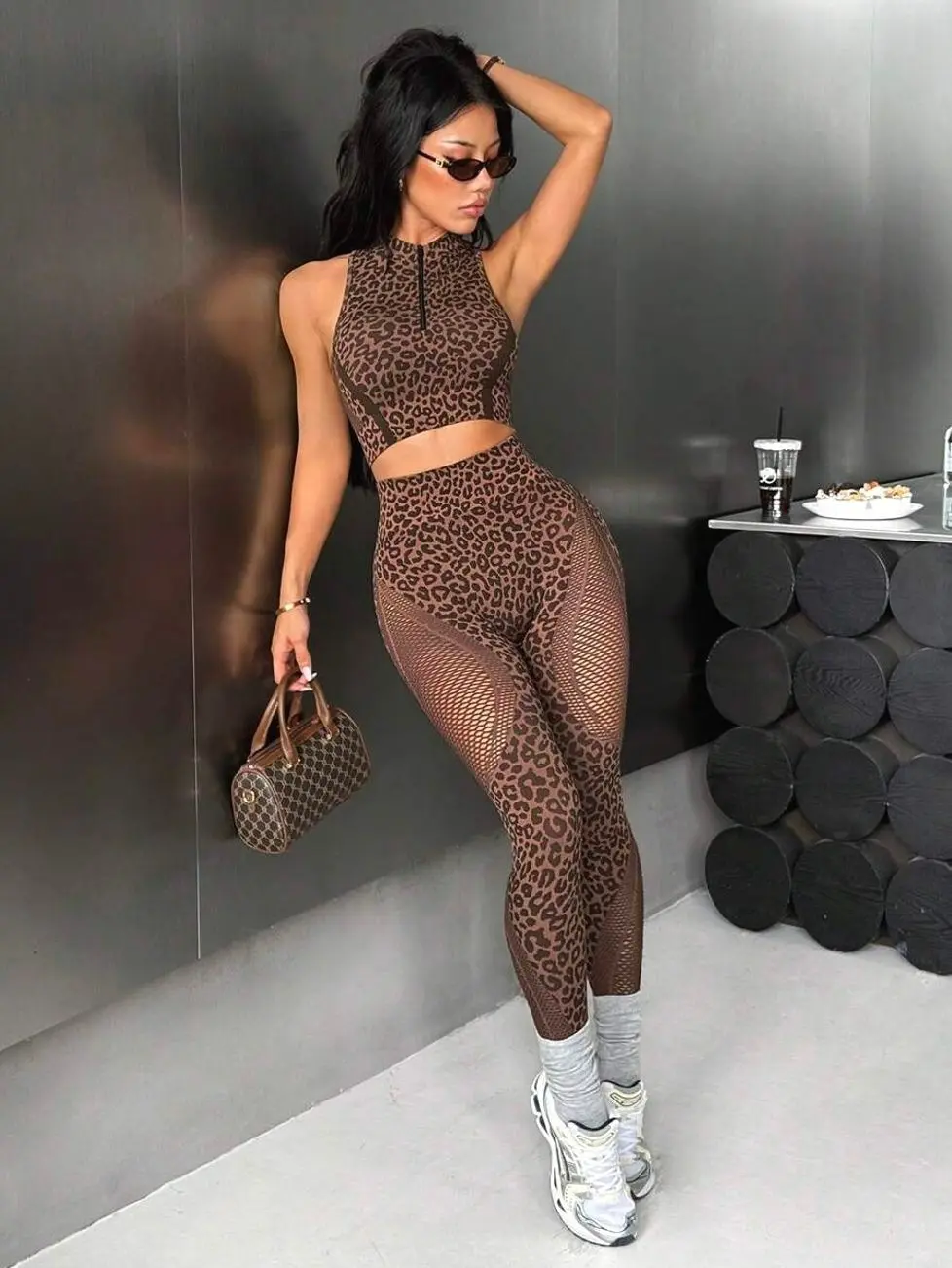 Leopard Print Seamless Sports Set, Hollow Out Yoga Leggings & Zipper Tank, High Impact Gym Workout Outfit