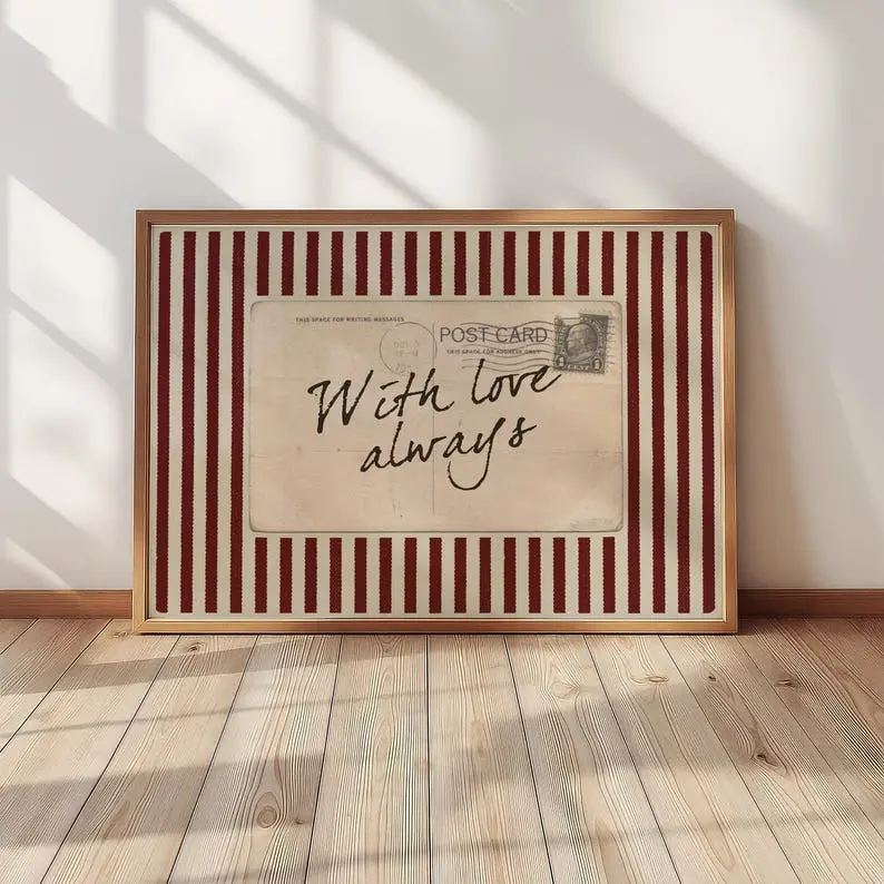 [No Frame] With Love Always Vintage Postcard Print – Retro Striped Wall Art, Red Burgundy Old Money Decor,