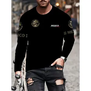 [Mexico Print Tee] Soft, Comfortable Men's Casual Long-Sleeve T-Shirt with "MEXICO" Print | Round Neck, Regular Fit, Street Style, Breathable Clothing | Graphic Tee