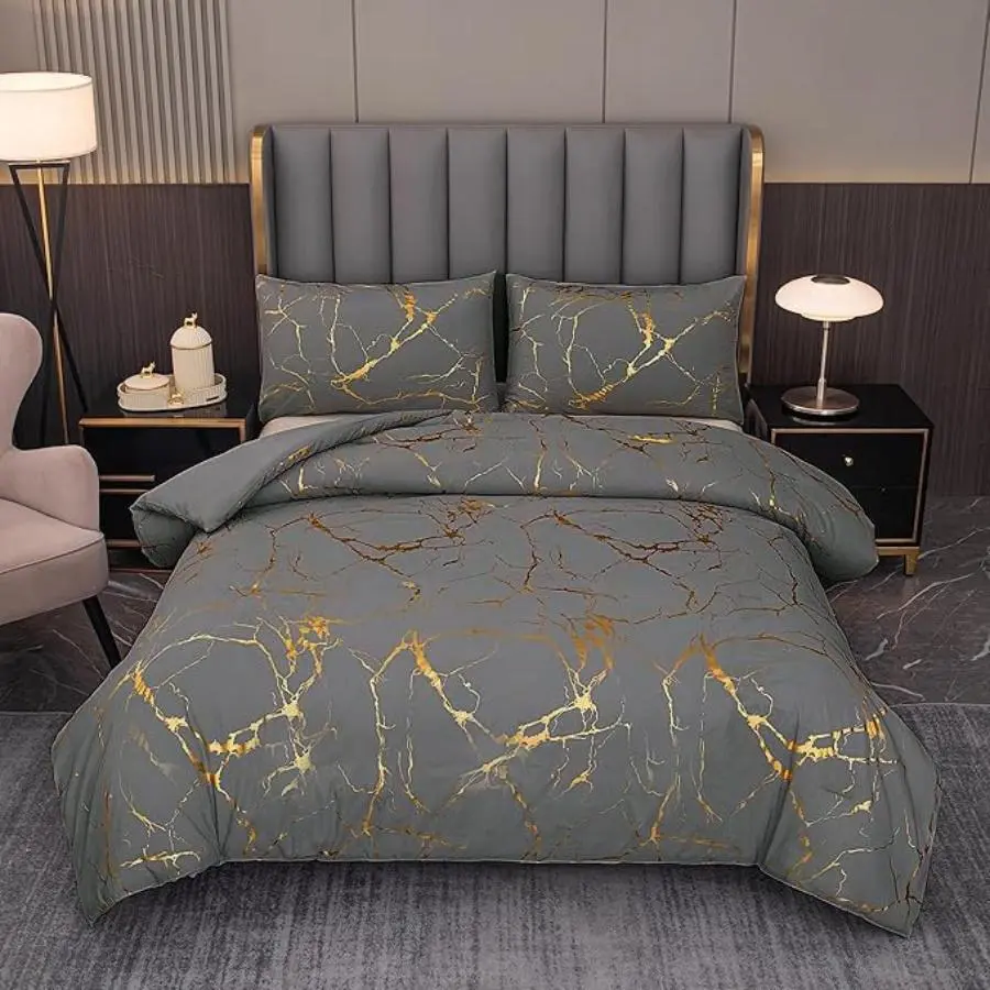 Metallic Marble Pattern Decorative Duvet Cover Set without Filler, 2/3 Counts/set Including 1 Duvet Cover & 1/2 Pillowcase, Soft Bedding Set for Home Bedroom