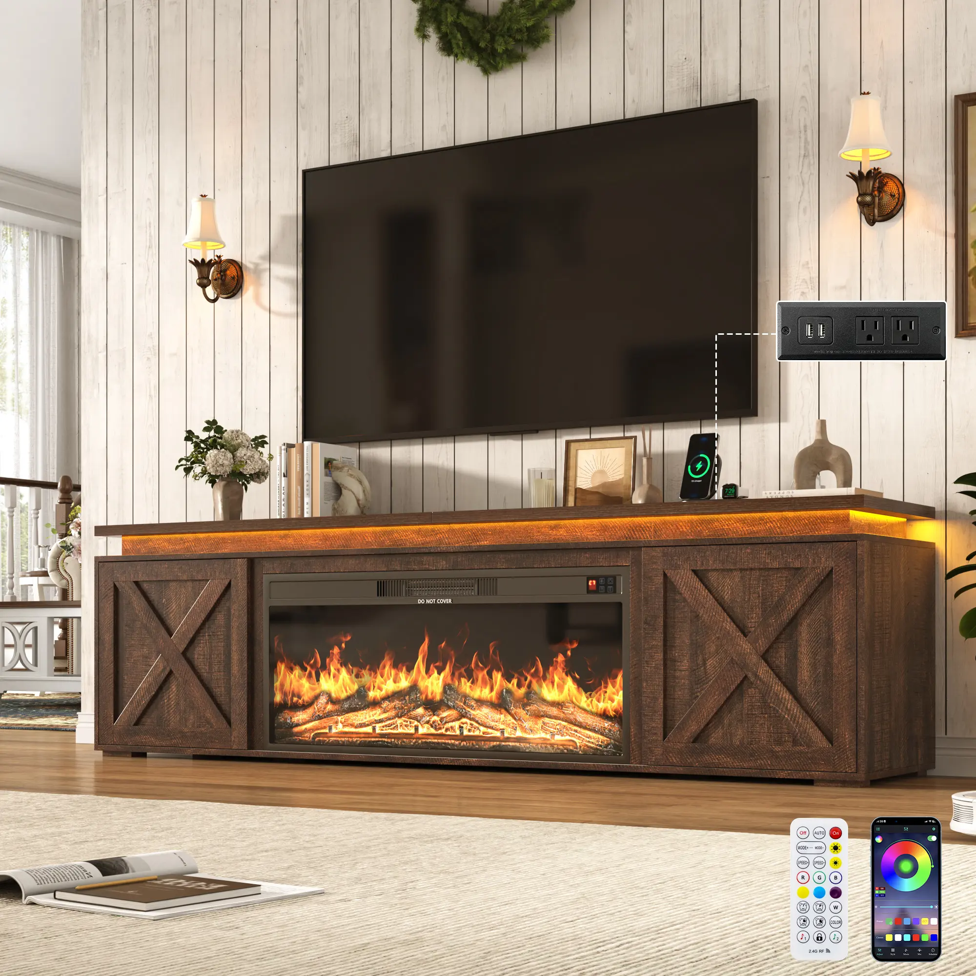 82.7-in Freestanding Farmhouse Wood TV Stand with Storage, Electric Fireplace, LED Light, Barn Door, Adjustable Shelves, Storage-Integrated Entertainment Center for Living Rooms, Family Rooms