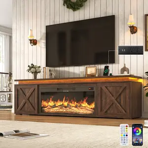 82.7" Farmhouse TV Stand with Electric Fireplace & LED Light, Barn Door Entertainment Center with Adjustable Shelves