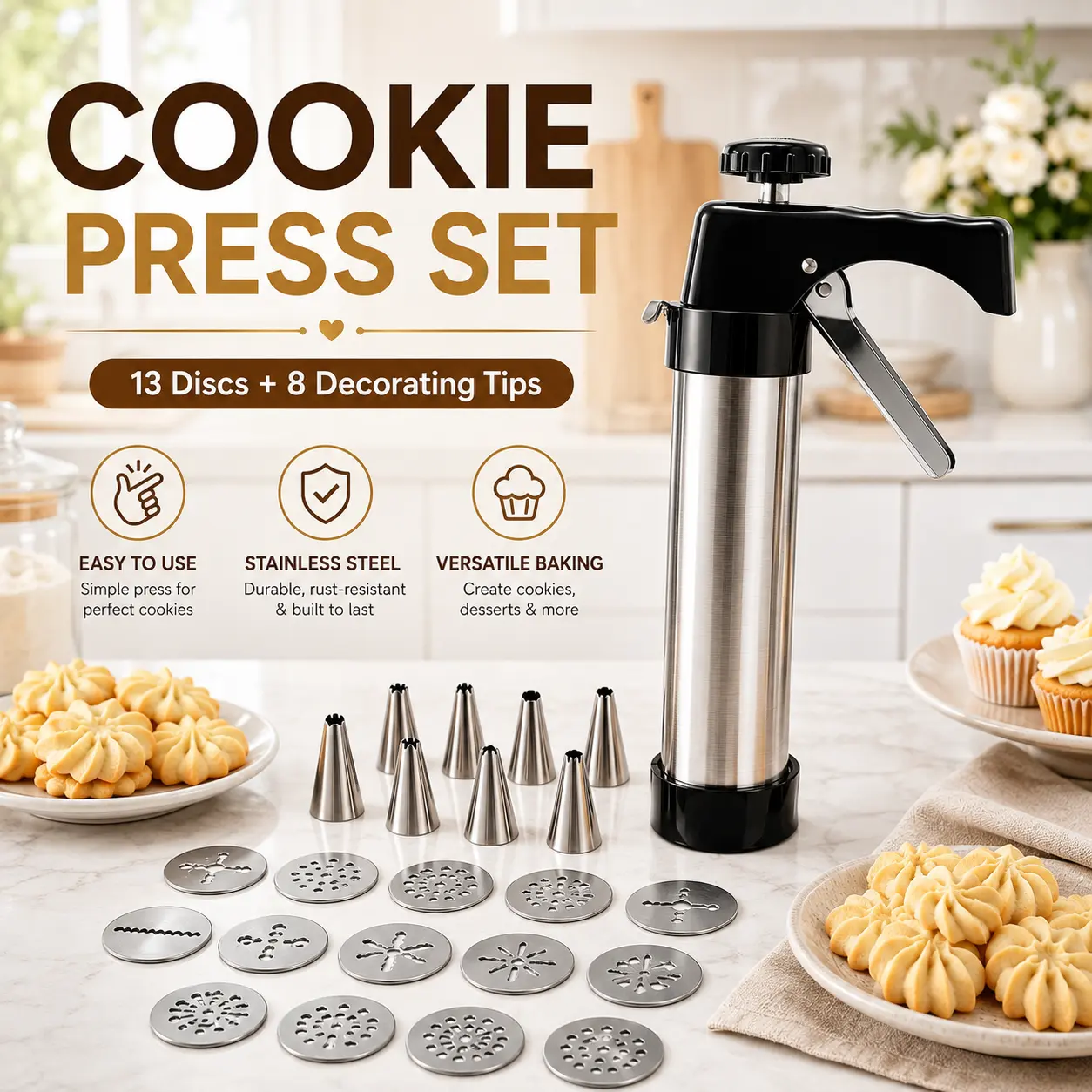 Cookie Press Set with 13 Discs & 8 Decorating Tips, Stainless Steel Cookie Maker for Spritz Cookies, Churros, Desserts & Baking