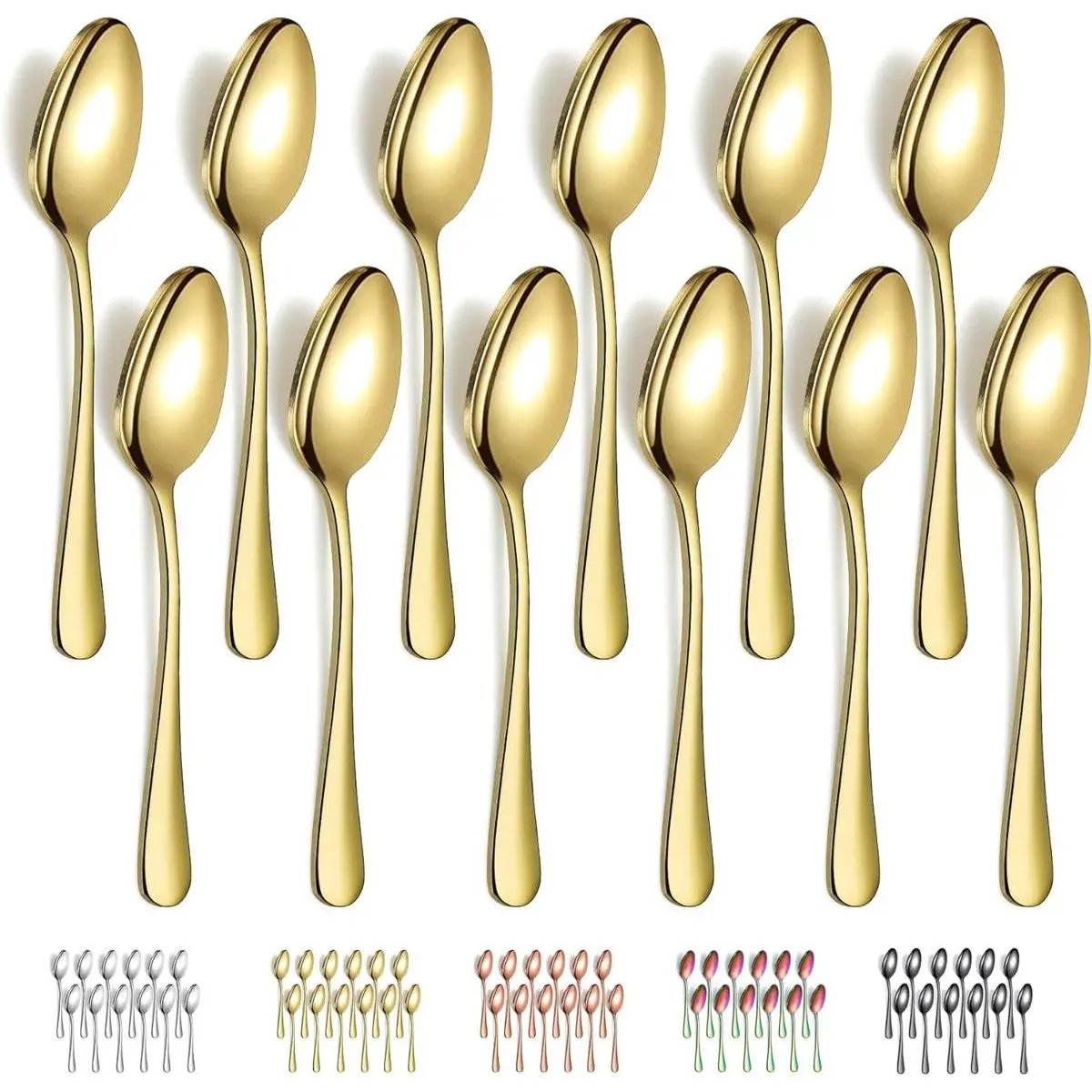 Gold Plated Spoons Set (12 Pieces) - 7.28in Titanium-Plated Stainless Steel Classic Cutlery, Corrosion Resistant, Easy To Clean, Dishwasher Safe Tableware for Ice Cream & Dining