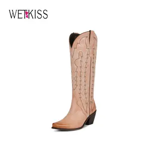 Wetkiss Women’s Knee-High Cowboy Boots – Embroidered Western Cowgirl Boots with Pointed Toe and Block Heel #greenish #TikTokShopSpringGlowUp