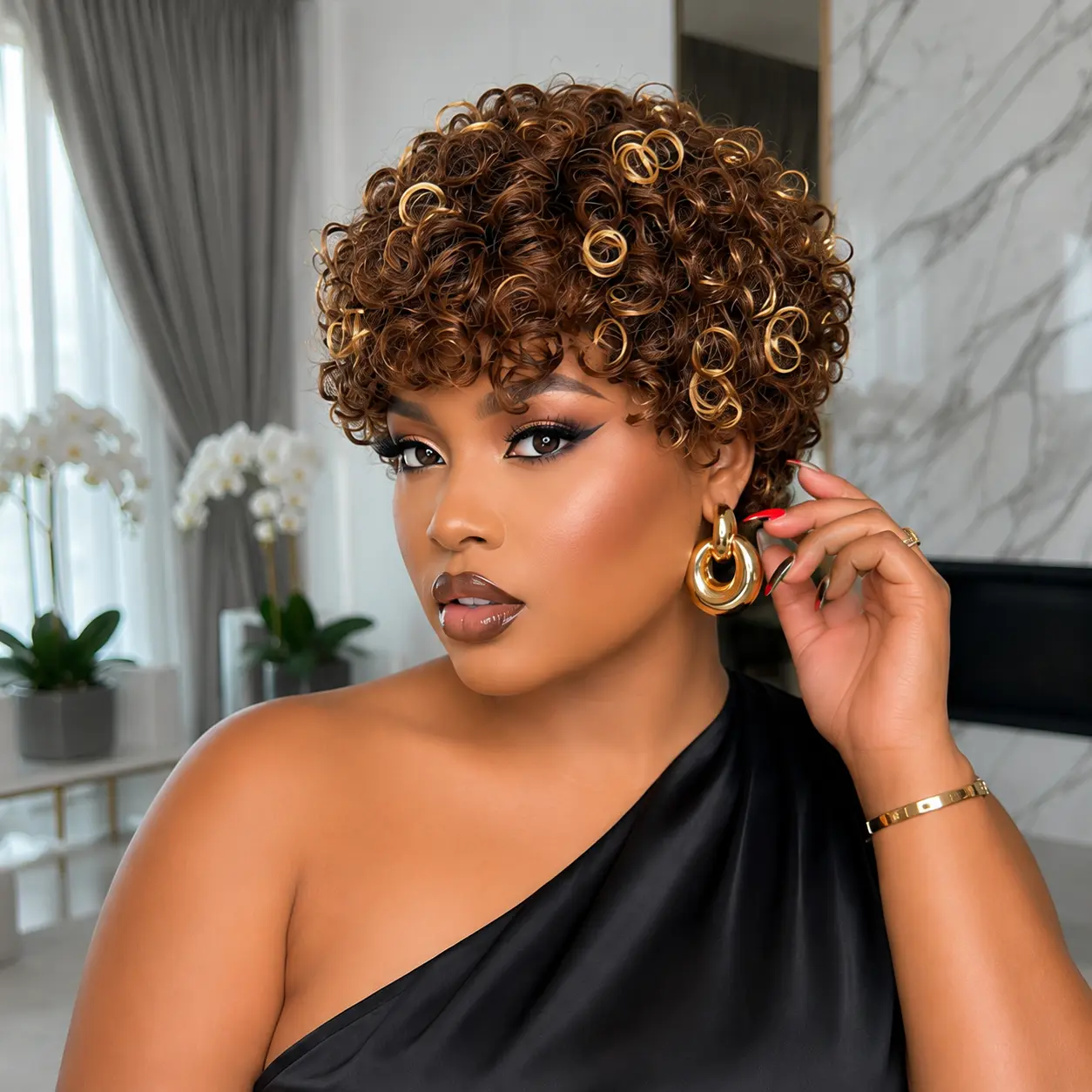 9042 Pixie Cut Wigs for Black Women Brazilian 4/27 Curly Pixie Cut Wig Human Hair Glueless Short Layered Wigs With Bangs Natural Black Color No Glue Human Hair Wig for Daily Use