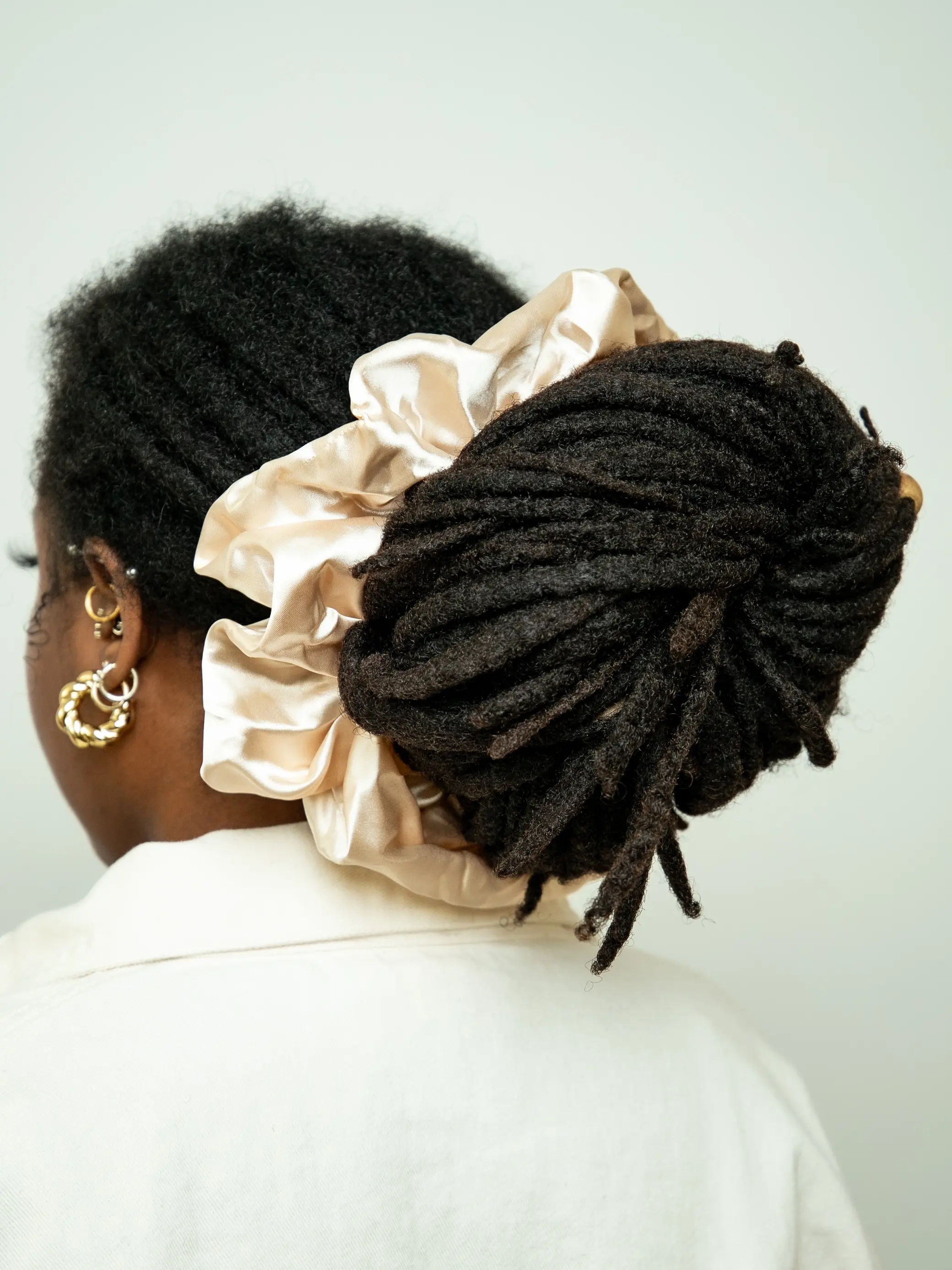 Oyster Pearl XL Jumbo Scrunchie - Champagne Cream Satin Hair Accessory for Thick Hair, Locs, Braids & Protective Styles, Smooth Satin, No-Tug Elastic Scrunchies
