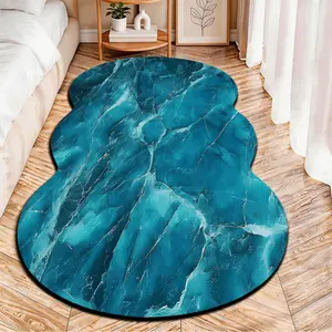 2D Flat velvet irregular rug with teal marble texture pattern, machine washable non-slip carpet for bedroom, all seasons & holiday decor, durable & easy to clean.