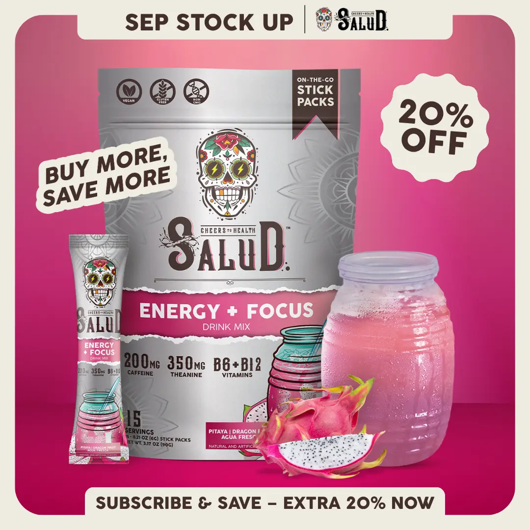 Salud 2-in-1 [Energy + Focus - Pitaya | Dragon Fruit] Clean Energy Drink Mix, Agua Fresca, Organic Caffeine (200mg), L-Theanine (350mg), L-Tyrosine, Vegan, Non-GMO, Gluten Free, Low Calorie, 1g Sugar (15 Servings)