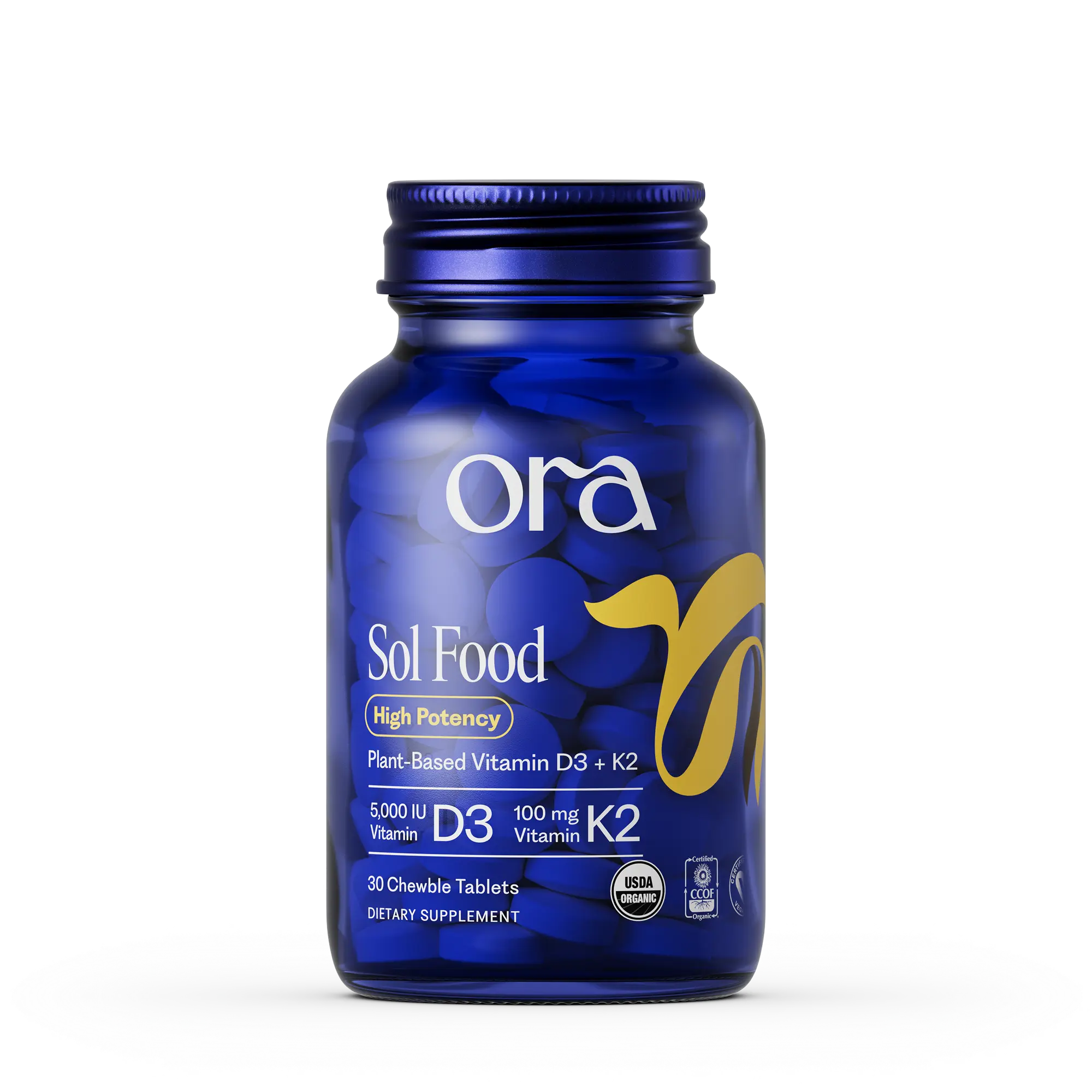 Ora Organic Sol Food High Potency Vitamin D3 K2 Chewable Tablets - 5000 IU Plant Based Lichen D3 with MenaQ7 for Immune, Bone Health & Calcium Support | 30 Count