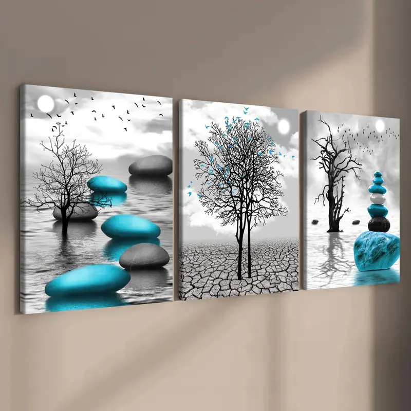 Wooden Framed Canvas Painting, 3 Counts/set Abstract Plant Pattern Western Wall Art Decoration, Wall Decor for Home Living Room Bedroom Office