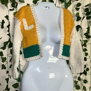 Custom Crochet Crop Letter Cardigan in Yellow Green and White with Unique Design Cropped