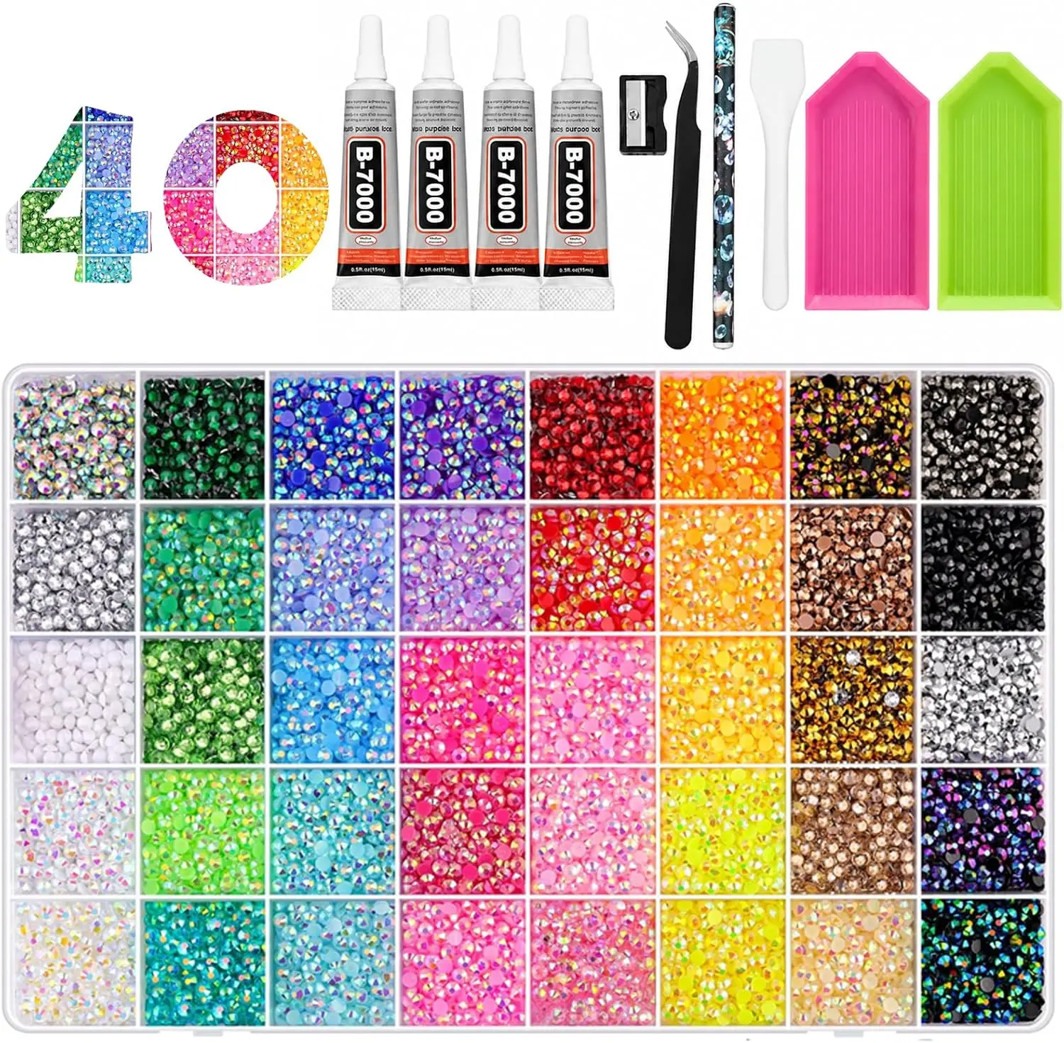 45000Pcs Bedazzling Kit with Rhinestones 3mm, 40 Colors Bedazzler Kit Resin Rhinestones Nail Gems & Glitter Gem Art Supplies, Diamond Art Kits Accessories with Pickup Pen, 4pcs 10ml B7000 Glue