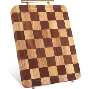 Checkered  Board for Kitchen - 14.9"x 11"x 1.18" Rubber  Butcher Block with Juice  & Steel Handle, Heavy Duty Non-Slip Chopping Board for Charcuterie, Housewarming