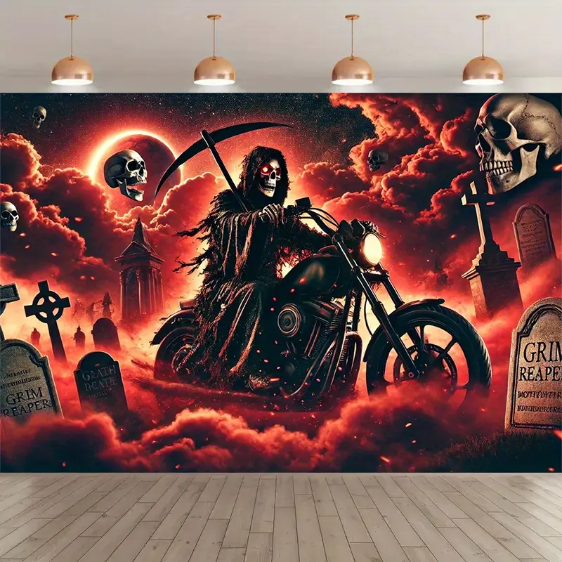 1-Piece Death Rider Motorcycle Polyester Backdrop Flag, Indoor/Outdoor Party Banner Decoration, Festive & Home Supplies, Studio Props for Parties