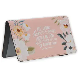 A Good Work Peach Floral Faux Leather Checkbook Wallet - Philippians 1:6