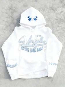 Los Angeles Never Look Back Star Graphic Hoodie, Loose Soft Cotton Long Sleeve Hooded Sweatshirt, Casual Street Style for Fall & Winter, Tops