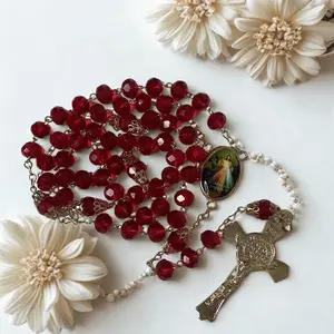 Jesus of Mercy Catholic Gold Pleated Crystal Rosary with Red Beads and Crucifix for Prayer