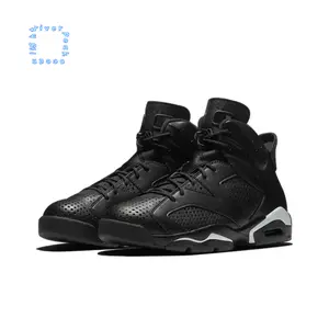 All-Black High-Top Retro Basketball Shoes with Perforated Leather and Reflective Laces