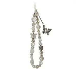 Silver butterfly mobile phone chain, short girls beaded mobile phone case lanyard, firm and good-looking beaded wrist strap mobile phone lanyard.