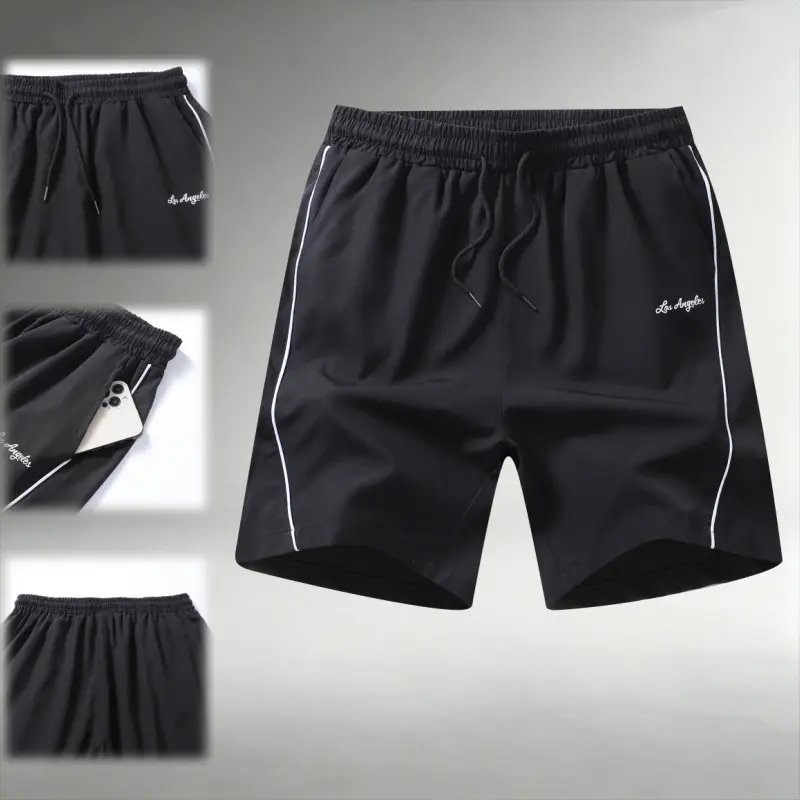 Men’s ice silk quick-dry athletic shorts, breathable skin-friendly fabric, elastic drawstring waistband with zippered pockets, loose fit suitable for running, fitness, and everyday wear. sohochic