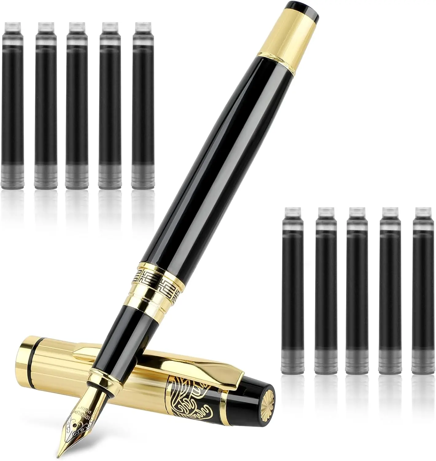 Metal Fountain Pens, With 10 Black Ink 2.6mm Cartridges, 0.5mm Luxury Fine Point Fountain Pen Business Pen Smooth Writing Stainless Steel Pen Calligraphy Pen for Office School Supplies(Black)