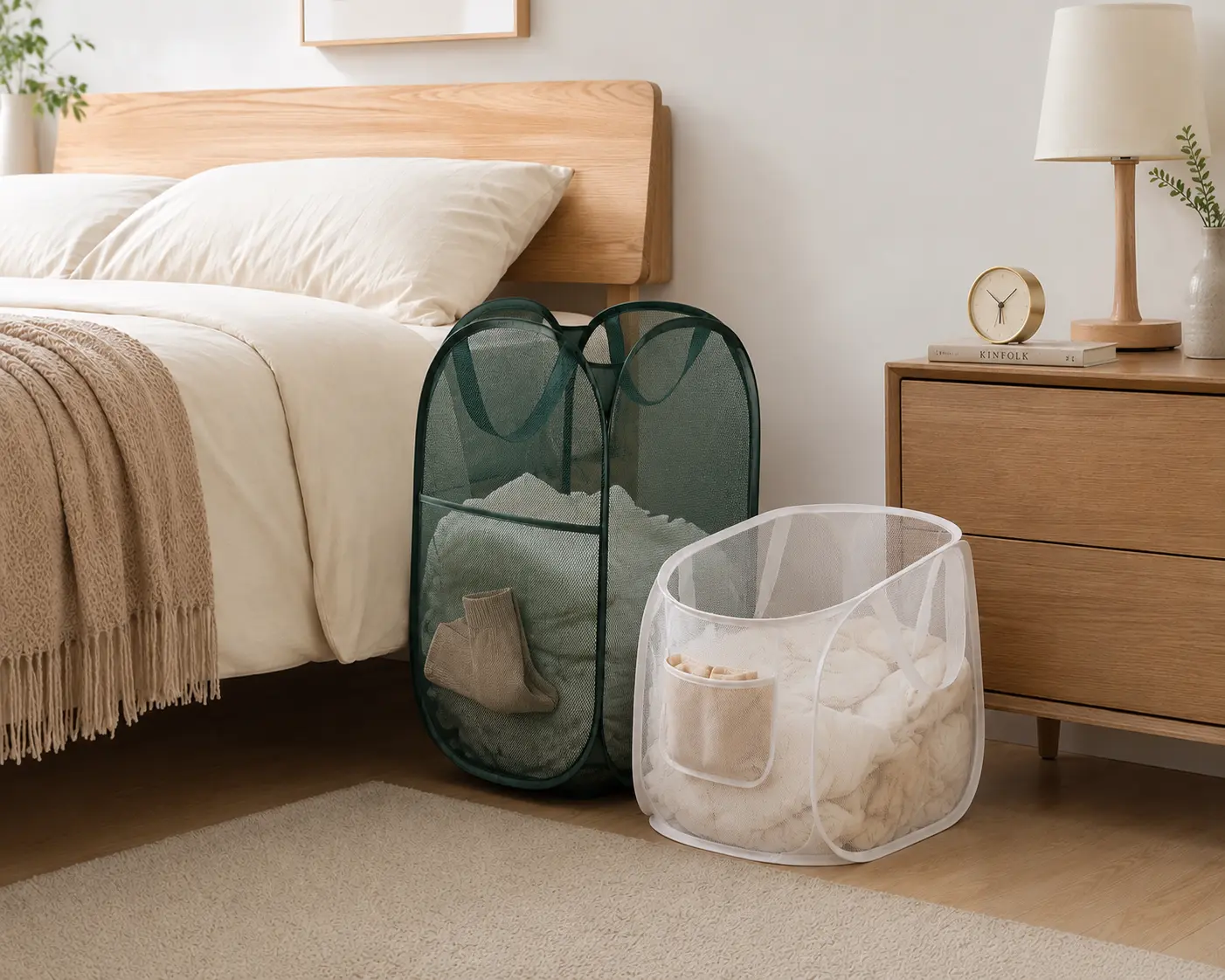 Waterproof Square Collapsible Pop Up Laundry Hamper, Mesh Fabric Basket with Sturdy Handles and Side Pocket - Compact Portable Foldable Dirty Clothes Organizer for Dorm, Laundry Room, Travel Storage