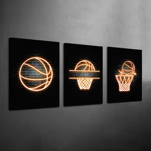 3 Counts Wood Framed Canvas Neon Basketball Wall Art, Ready to Hang, Sports Theme, Waterproof, Boy's Bedroom, Living Room, Bedroom, Dining Room, Wooden Wall Art