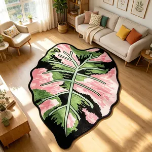 Style Leafy Plant Rug, Nordic Tropical Plant Pattern, Irregular Living Room Bedroom Bedside Mat, Non-Slip Decor Carpet