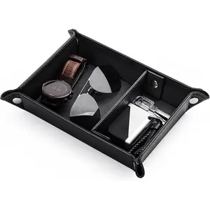 Valet Tray for Men PU Leather Tray Organizer with Partition, Storage , Watch & Practical Storage for Table Nightstand Living Room Bedroom (Black)