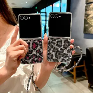 Sparkling Leopard Print Flip Phone Case for Samsung Zflip3/4/5/6/7, Full Coverage with Lanyard Bracelet, Stylish Protective Cover Accessories