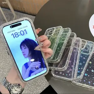 Luxury Double-sided Glitter Diamond Frame Phone Case For iPhone 13 14 15 16 Pro Max 14 Plus 17 Air Clean Flash Star Cover