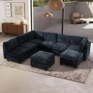 Modern L-Shaped Modular Sectional Sofa with Memory Foam, 4-8 Seat Capacity, Storage Seats, Convertible Chaise & Ottoman, Black Textured Fabric, Requires Assembly, Indoor Living Room Furniture Set