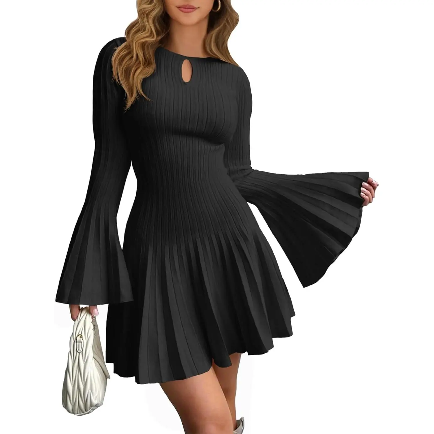 Womens Long Bell Sleeve Mini Knit Dress Flowy A Line Pleated Bodycon Crew Neck Elegant Short Sweater Dresses - TikTok Shop Womens Long Bell Sleeve Mini Knit Dress Flowy A Line Pleated Bodycon Crew Neck Elegant Short Sweater Dresses - TikTok Shop