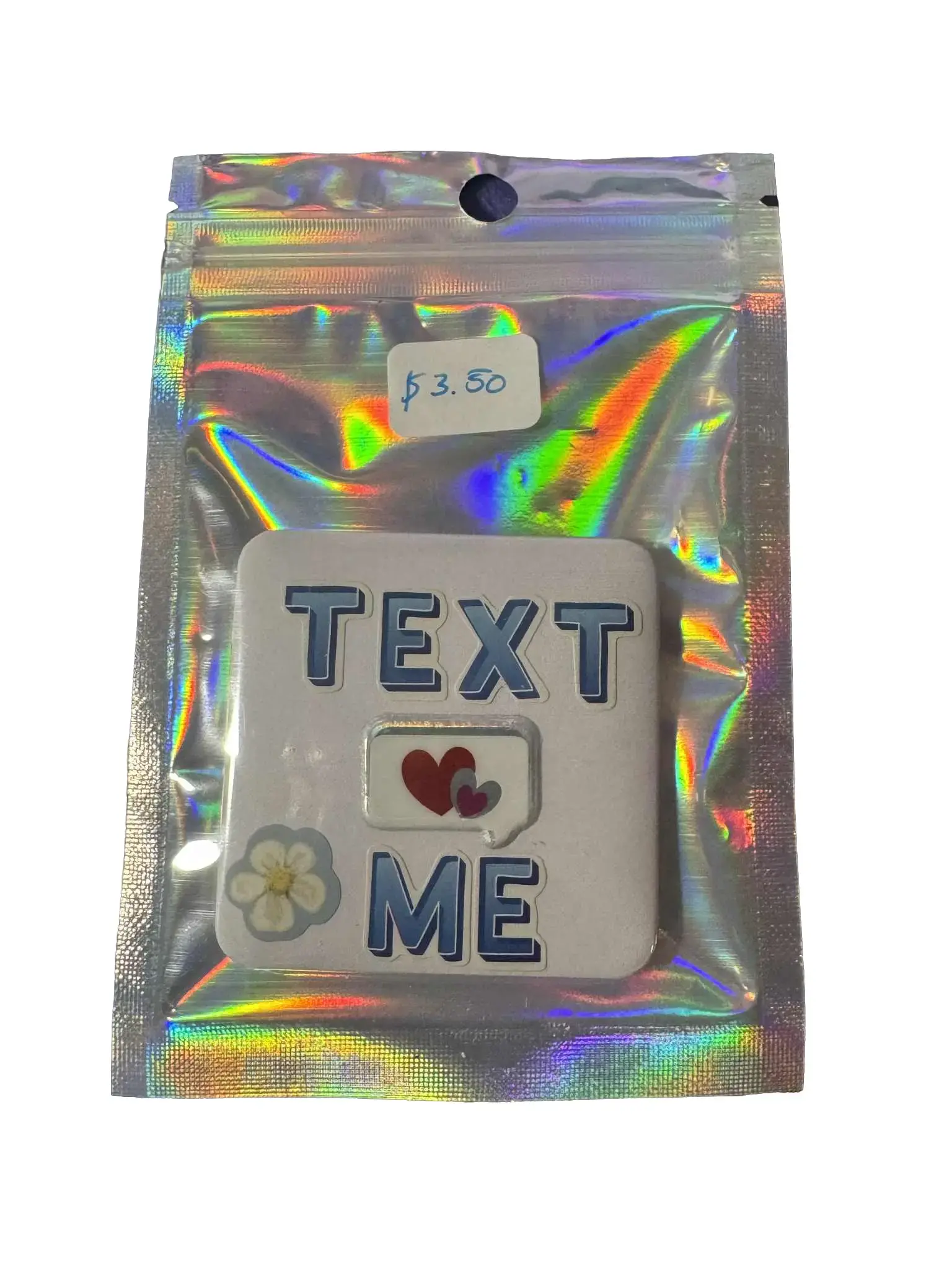 Custom Pins - Text Me Design, Badge Part, Holographic Finish, $3.50 Price Tag