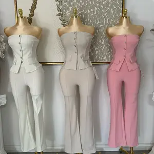 Two Piece Top and Pants Sets in White Grey and Pink - Stylish Corset Design with Buttons - Fashionable Ensemble