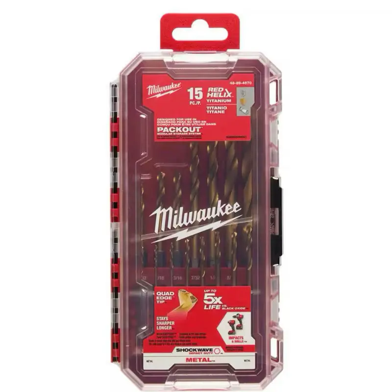 Milwaukee SHOCKWAVE Impact Duty Titanium Drill Bit Set (15-Piece), Power Tool Accessory for Metalworking, Precision Machining, Hand Held Lightweight Chain Saw Compatibility