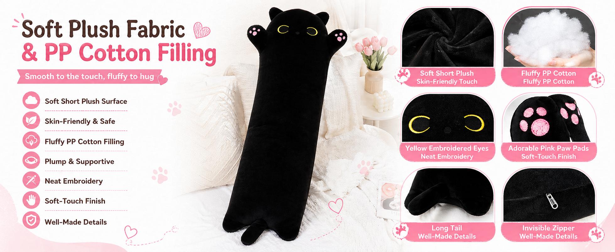 CHUBBYJOY Long Black Cat Plush Body Pillow, 20" 27" 35" 43" Soft Stuffed Cat Pillow with Raised Paws and Long Tail, Kawaii Cat Hugging Cushion for Kids Teens Adults