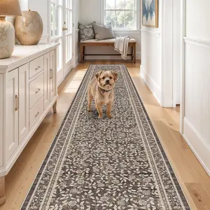 2x12 Washable Runner Rug - 12ft Runners for Hallway Non Slip Kitchen Rugs Soft Low Pile Carpet for Bedroom Bathroom Entryway - Stain Resistant Vintage Home Decor (Floral Charcoal, 2X12)
