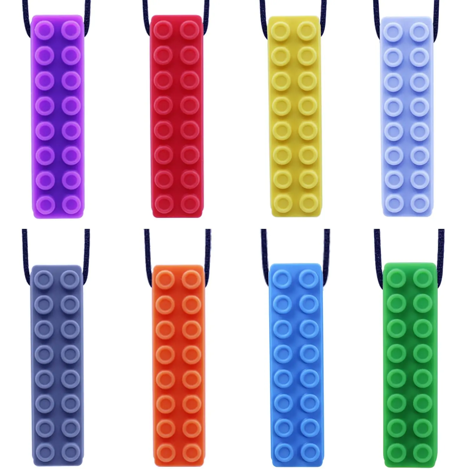 8-Pack Block Figure Teething Necklace for Kids, Textured Food-Grade Silicone Sensory Aids for Oral Stimulation, Durable Chew Necklace, Unisex, 60A Silicone, Textured Block Figure Design