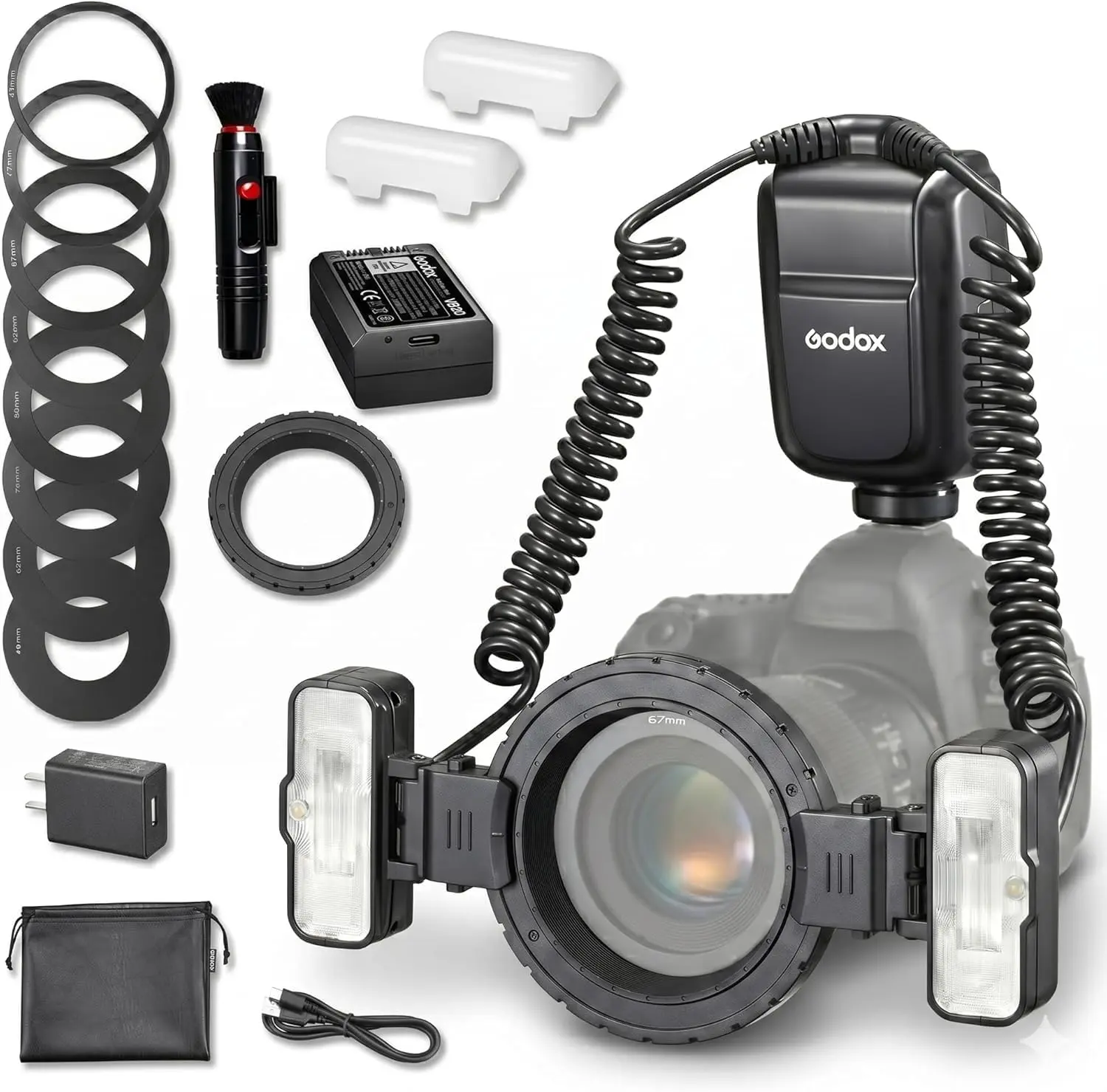 Godox MF-T76 TTL Touchscreen Macro Camera Flash for Sony/Canon, 76Ws Dual Heads, 1.2s Fast Recycle, 550 Full Power Bursts, Type-C Charging, 1/1-1/256 Power Range, 0°-150° Adjustable Heads, Lens Adapter Rings, Modeling Lamps, Camera Accessories