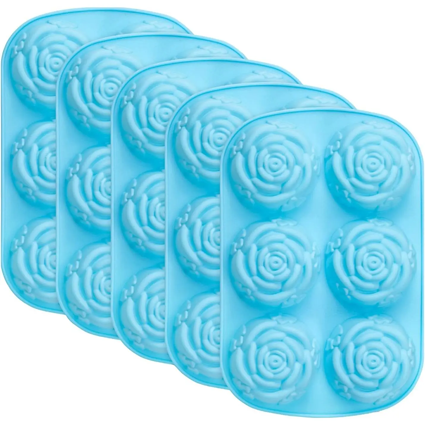 Rose Molds 5 Packs, 6-Cavity Non Stick Rose Flower Ice Cube Mold for Candy, Soap, Cupcake, Jelly, , Blue