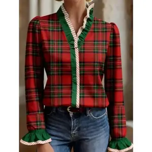 Women’s Christmas plaid ruffle-trim blouse, long-sleeve holiday top, festive green/red shirt, winter new year Valentine’s Day outfit, casual dressy fashion top