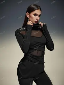 Rgothic Gothic Vintage Mesh Panel Surplice Asymmetrical High Neck T-shirt for Women Plus Size Polyester Fall Fashion Hip Hop Rapper Top Machine Washable