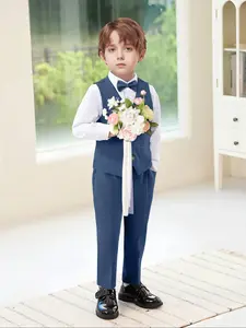 Boys' Fitted New Year Four-Piece Solid Color Suit Set, Shirt, Solid Vest, Tie, Pants, Party, Wedding, Formal Wear, Fall & Winter
