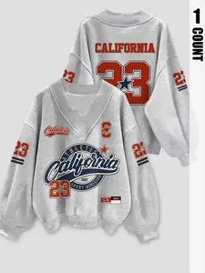 Women's Letter and Number Print Casual Loose Fit V-Neck Long Sleeve Sweatshirt, Fall Fashion Hoodie, Y2K Style Comfortable Pullover