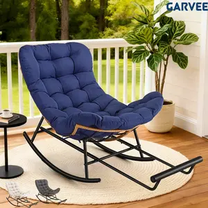 Oversized Papasan Rocking Chair with Footstool, Sturdy Indoor/Outdoor Wicker Frame, Extendable Footrest, Removable Padded Cushion, Comfortable Lounge Chair for Porches, Lawns, Bedrooms, and Living Rooms, Dark Gray & Beige & Blue